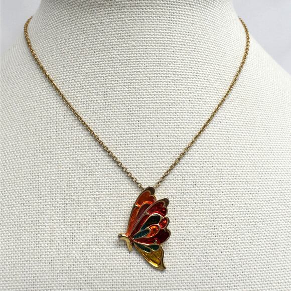 None and/or Unknown Jewelry - Vintage gold tone chain necklace w/ multicolor butterfly pendant fairy whimsy